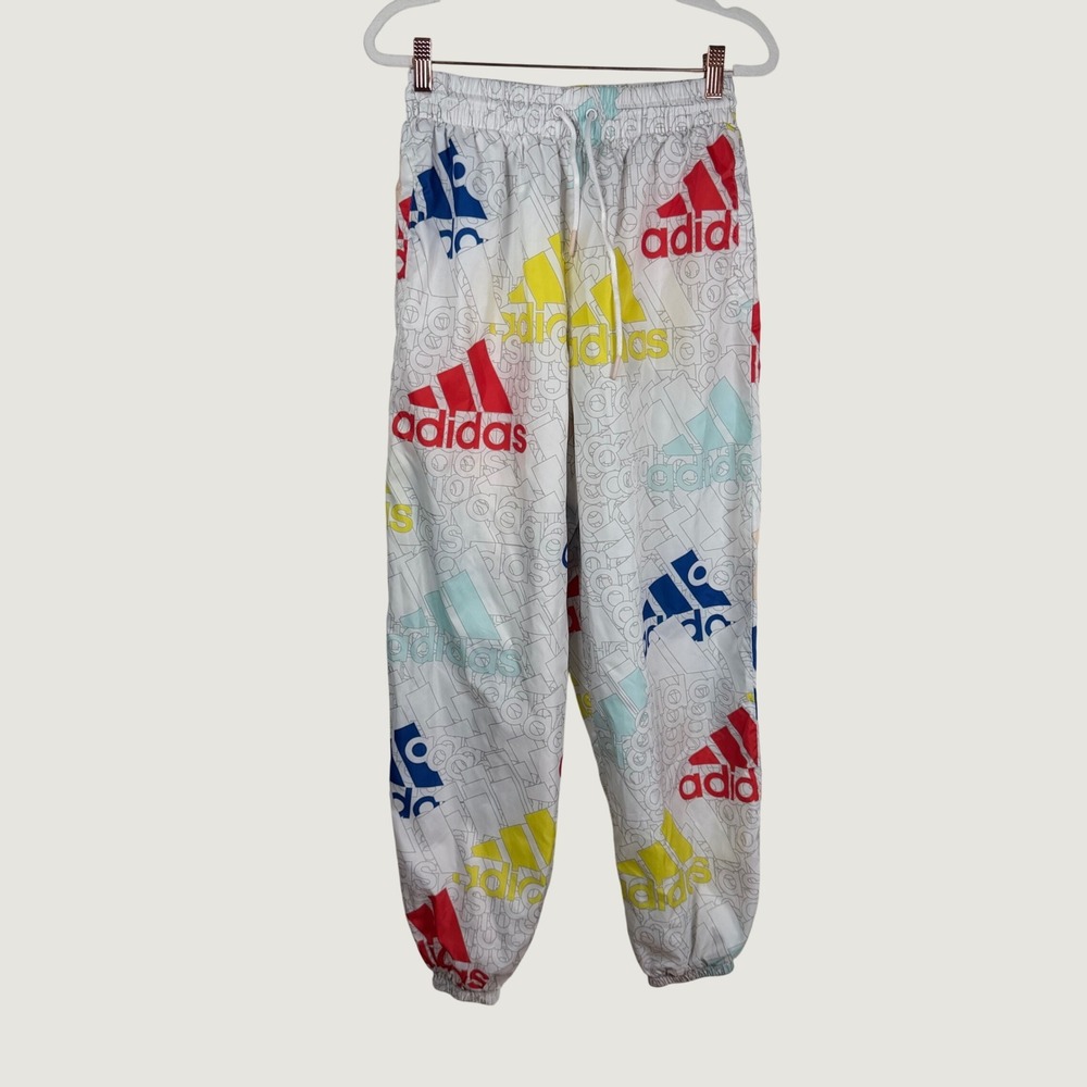 Adidas Essentails Womens White Multi Logo Print Joggers HL2120 Size Medium